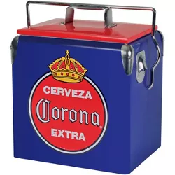 Koolatron 14 Quart 18 Can Capacity Portable Retro Corona Ice Chest Stainless Steel Hard Cooler with Built In Bottle Opener and Self Locking Lid, Blue