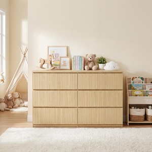 JVNOXK Modern Natural Wood 6-Drawer Dresser with Wave Panel Fronts
