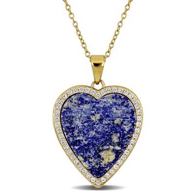 EVERLY JEWELRY | Yellow Plated Sterling Silver 6ct TGW Lapis and Created White Sapphire Heart Halo Pendant with Chain, 18 inc + 2 inc
