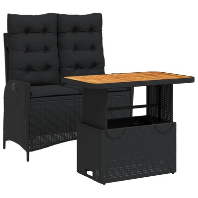 vidaXL Patio Dining Set with Cushions - 2 Piece Black Poly Rattan, Adjustable Backrest and Table