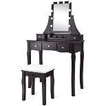 Tangkula LED Vanity Table Makeup Dresser Desk w/Drawers &Cushioned Stool Black/Brown/White