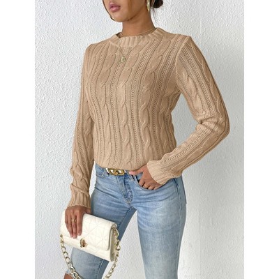 Womens Sweater Tops Crew Neck Long Sleeve Pullover Casual Cable Knit Sweater