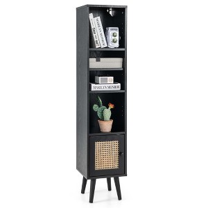 Costway Rattan Storage Cabinet Freestanding Slim Organizer Wood Display Rack Living Room Black/White/Natural - 1 of 4