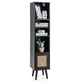 Costway Rattan Storage Cabinet Freestanding Slim Organizer Wood Display Rack Living Room Black/White/Natural