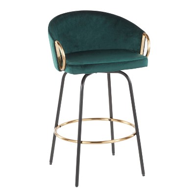 Emerald Green Velvet and Gold Metal Swivel Counter Stools, Set of 2
