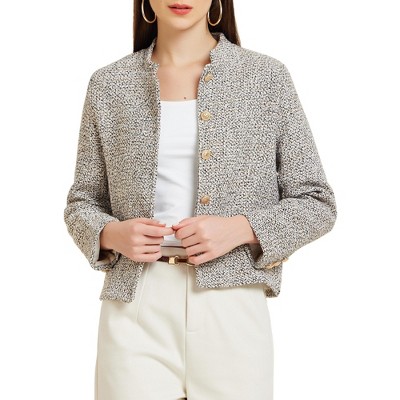 Allegra K Women's Tweed Stand Collar Long Sleeve Cropped Blazer Jacket