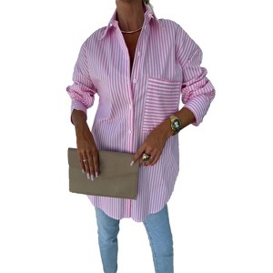 Clearlove Women's Button Down Shirts Striped Long Sleeve Tops Classic Office Work Blouses with Pocket - 1 of 4