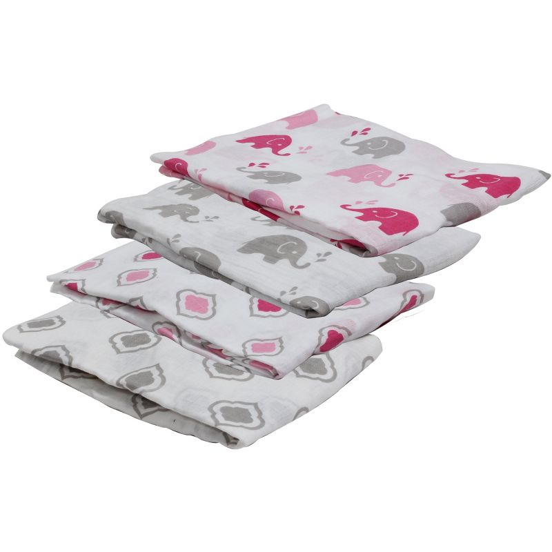 Bacati - Elephants Pink/Gray Muslin Swaddling Blankets set of 4, 4 of 6