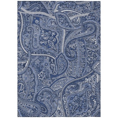 Navy Blue And Sky Blue Paisley Washable Indoor Outdoor Area Rug