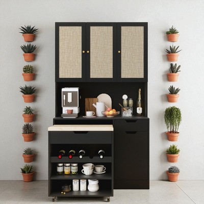 Kitchen Pantry Storage Cabinet with Removable Cart, Microwave Stand, Buffet Hutch with Adjustable Shelves and Rattan Doors for Dining Room
