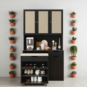 Kitchen Pantry Storage Cabinet with Removable Cart, Microwave Stand, Buffet Hutch with Adjustable Shelves and Rattan Doors for Dining Room - 1 of 4