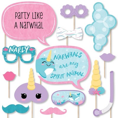 Big Dot of Happiness Narwhal Girl - Under The Sea Baby Shower or Birthday Party Photo Booth Props Kit - 20 Count