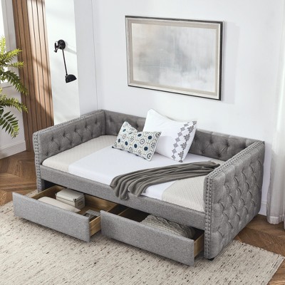 Twin Size Upholstered Daybed with Two Storage Drawers,Tufted Sofa Bed w/Button on Back for Bedroom Guest Room, No Box Spring Needed