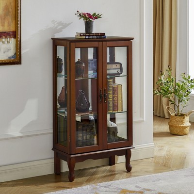 VYNXARIA Classic Cherry Curio Cabinet with Adjustable Shelves and Mirrored Back