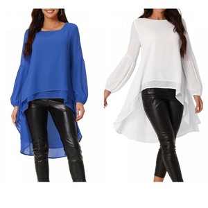 INSPIRE CHIC Women's Lantern Long Sleeve Round Neck High Low Irregular Hem Casual Blouse 2 Packs - 1 of 4