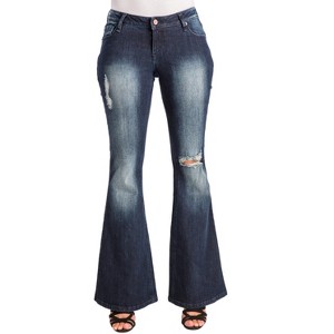 Poetic Justice Women's Curvy Fit Dark Blue Stretch Denim Distressed Flare Jeans - 1 of 4