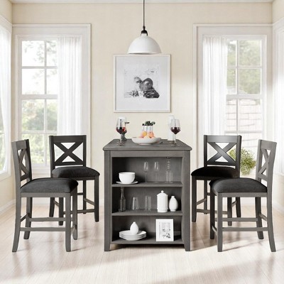5-Piece Counter Height Dining Table Set with 4 Upholstered Chairs, Wood Kitchen Table with 3-Tier Storage Shelf for Dining Room or Small Space
