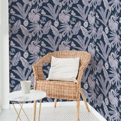 Navy Blue Tropical Flamingo Peel and Stick Wallpaper