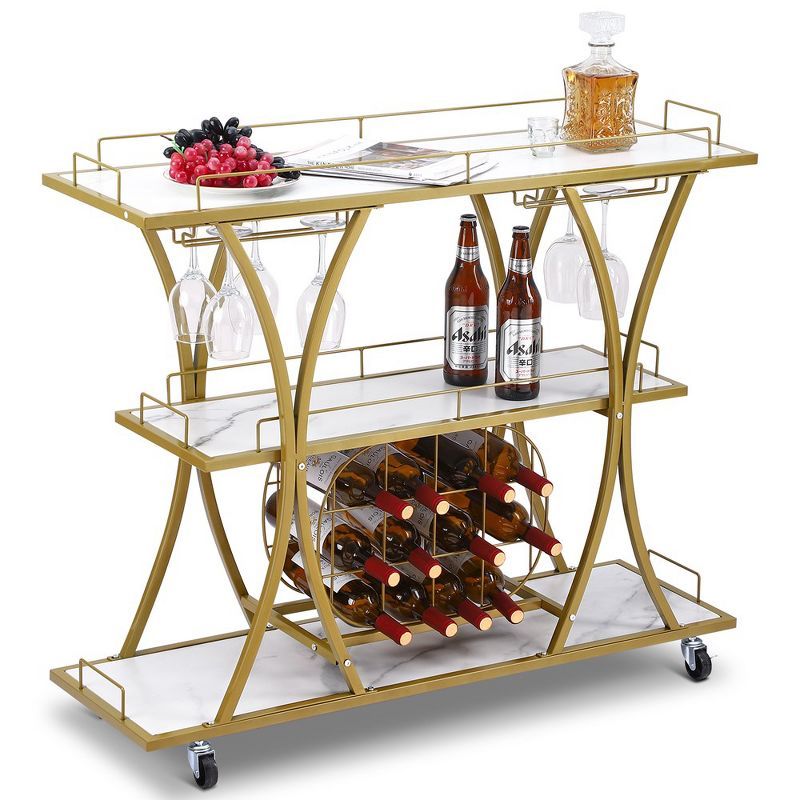 Gold Bar Cart with Wheels, 3 Tier Bar Serving Cart with Glass Holder and Wine Rack, 1 of 7