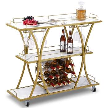 Gold Bar Cart with Wheels, 3 Tier Bar Serving Cart with Glass Holder and Wine Rack
