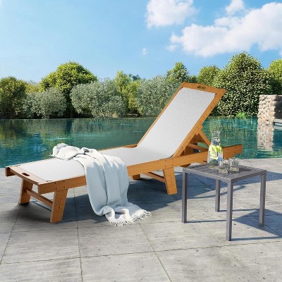 Nasitip 79" White Outdoor Chaise Lounge – Acacia Wood Adjustable Recliner with Wheels, Patio Sun Lounger for Lawn or Balcony