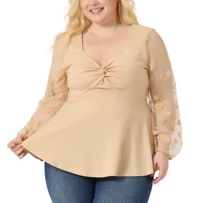 Agnes Orinda Women's Plus Size Heart Sheer Long Sleeve Mesh V