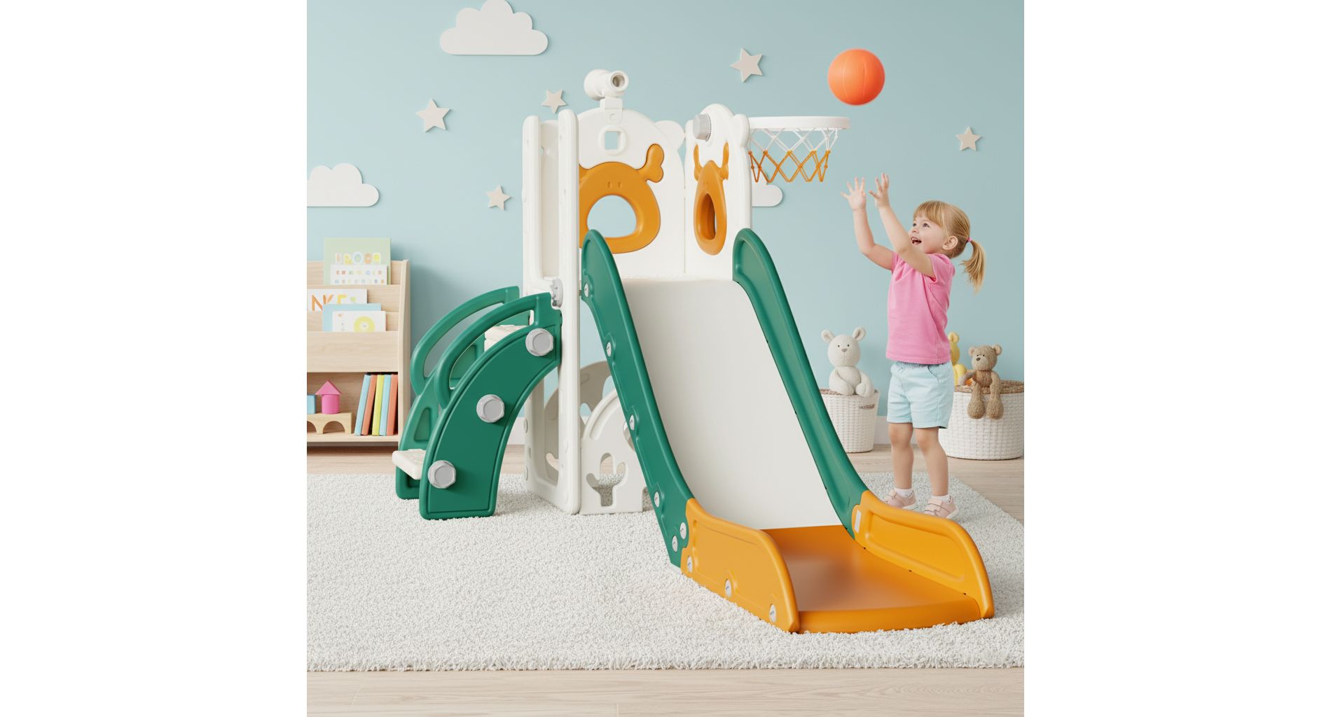 7 In1 Elk Toddler Slide, Kids Indoor Slide For Toddlers ,baby Slide For Indoor Outdoor With Basketball Hoop And Telescope
