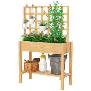Aghana Digitals Fir Wood Raised Garden Bed with Trellis & Storage Shelf, Outdoor Planter Box with - 1 of 4