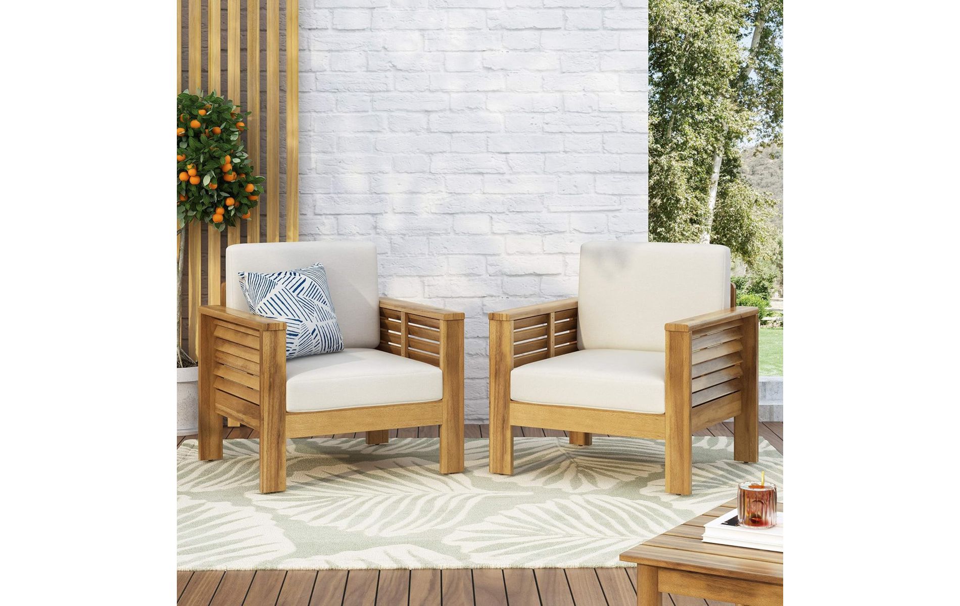 Set of 2 Outdoor Acacia Wood Club Chair with Beige Water-Resistant Cushions, Slatted Patio Lounge Chair for Garden Porch-3irtyhousy