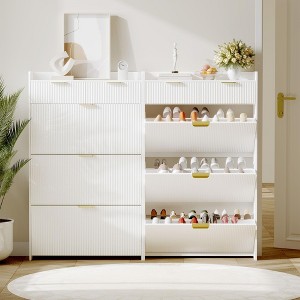 Modern White Shoe Cabinet with 3 Flip Drawers & 2 Small Drawers & Hook, Slim Fluted Shoe Storage Organizer, Narrow Entryway Cabinet - 1 of 4