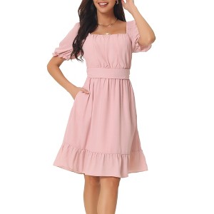 INSPIRE CHIC Women's Square Neck Puff Short Sleeve Smocked Back Ruffle Midi A-Line Casual Dress - 1 of 4