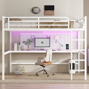 NicBex Full/Queen Size Metal Loft Bed with Charging Station,LED Lights&Desk,Space-Saving&Noise Reduced Gaming Loft Beds for Gamers,350lbs Max - 1 of 4