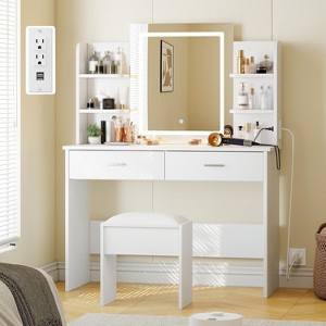 Acekool Vanity Desk with Lighted Mirror, Stool, Power Outlet, 6 Shelves, 2 Large Drawers, 3-Color Adjustable LED, Makeup Vanity for Bedroom, White - 1 of 4