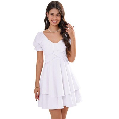 Coolmee Women's Ruffle Wrap Flowy Dress Puff Sleeve Flounce Short Sleeve A Line Mini Dress