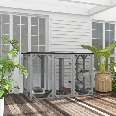 Large Gray Wooden Outdoor Cat House with Asphalt Roof