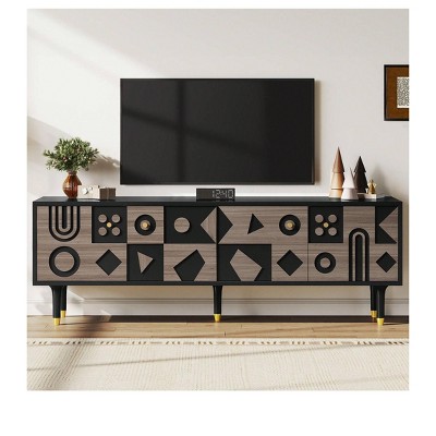 Mid-Century TV Stand for up to 80 Inch TV, Modern Media Console with 4 Carved Doors, 70" Entertainment Center With Storage For Living Room