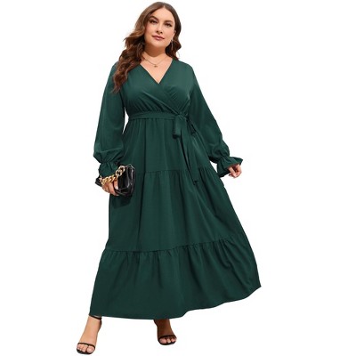 Plus Size Women's V Neck Long Sleeve Maxi Dress with Belt Flowy Elegant Floor Length Dress