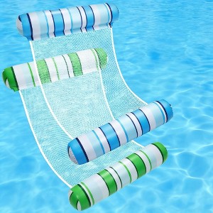 Jasonwell 2-Pack Pool Floats for Adults, 4-in-1 Inflatable Loungers, PVC Water Hammocks, Blue & Green Stripes, Large - 1 of 4