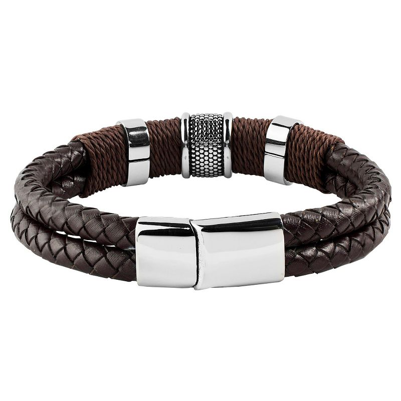 Men&#39;s Crucible Brown Twine Stainless Steel Accents Woven Braided Leather Bangle Bracelet (12mm) - Black (8.5&#34;), 2 of 4