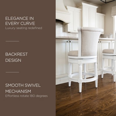 Alabaster White Leather-Wood Swivel Counter Stool with Nailhead Trim