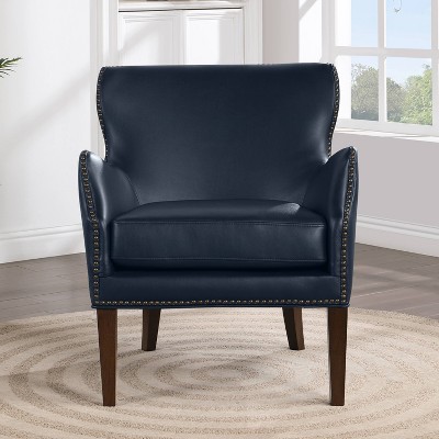 Midnight Blue Faux Leather Accent Chair with Wood Legs