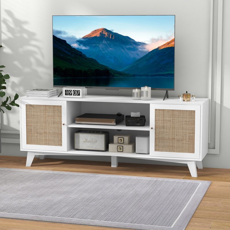 HOMCOM TV Stand Cabinet for TVs up to 65", Boho Entertainment Center with Rattan Doors, Adjustable Shelves and Cable Holes for Living Room, White, 2 of 7