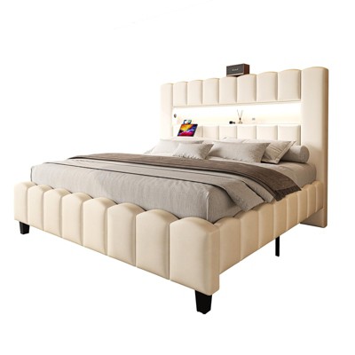 Bed Frame with LED Lights, Upholstered Platform Bed Frame with 51.2" Storage Headboard