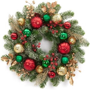 GAOMON 16 Inch Prelit Christmas Wreath for Front Door, Artificial Xmas Wreath with Red Green Gold Ball Ornaments - 1 of 4