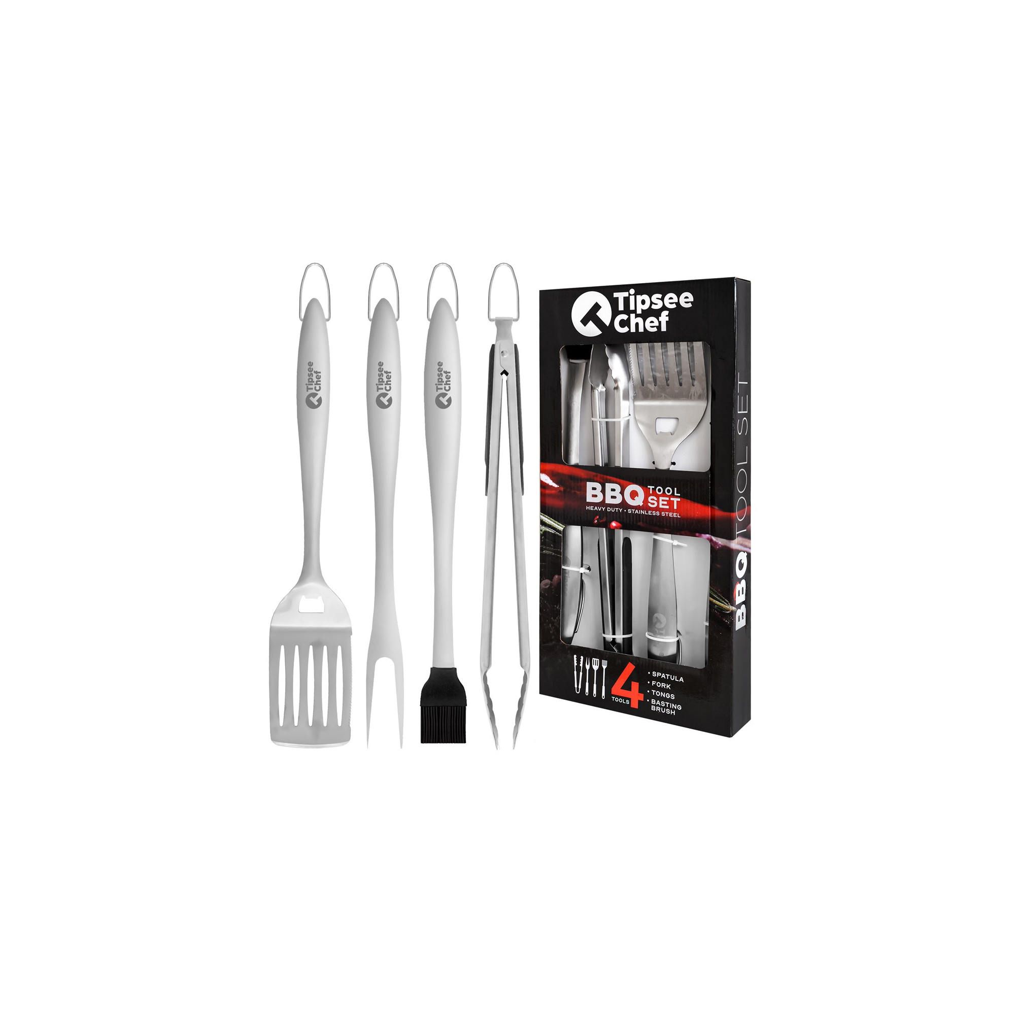 Tipsee Chef BBQ Tool Set - 4pc Grill Set - Spatula, Tongs, Fork & Brush