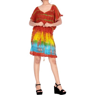 LA LEELA Women's Beachwear Summer Swim Beach Cover Ups for Swimwear Women Swimsuit Coverups for Women Short Duster Dress for Women Medium Red, Tie Dye