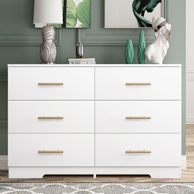 CIPACHO White 6 Drawer Dresser Wooden Dressers Chests of Drawers with Gold Handles Modern Double Dresser for Bedroom