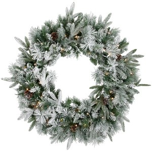 Northlight Real Touch™️ Pre-Lit Flocked Rosemary Emerald Angel Pine Artificial Christmas Wreath - 30" - Clear LED Lights - 1 of 4