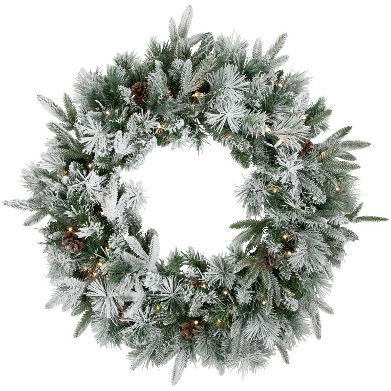 Northlight Real Touch™️ Pre-Lit Flocked Rosemary Emerald Angel Pine Artificial Christmas Wreath - 30" - Clear LED Lights, 1 of 11