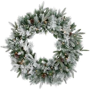 Northlight Real Touch™️ Pre-Lit Flocked Rosemary Emerald Angel Pine Artificial Christmas Wreath - 30" - Clear LED Lights